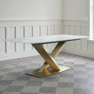 LUCI Marble Dining Table with Gold Metal Base, Modern White Dining Table, Luxury Contemporary Kitchen & Dining Room Table