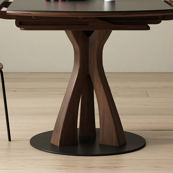 Caruso Round Folding Dining Table, Sintered Stone Top, Solid Wood Frame, Space Saving Foldable Dining Table, Modern Black Finish