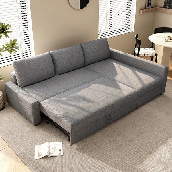 Edwards Three Seater Corner Sofa Bed with Storage, Linen Upholstered Pull-Out Sofa Bed with Chaise, Grey Corner Sleeper Sofa for Living Room or Guest Room