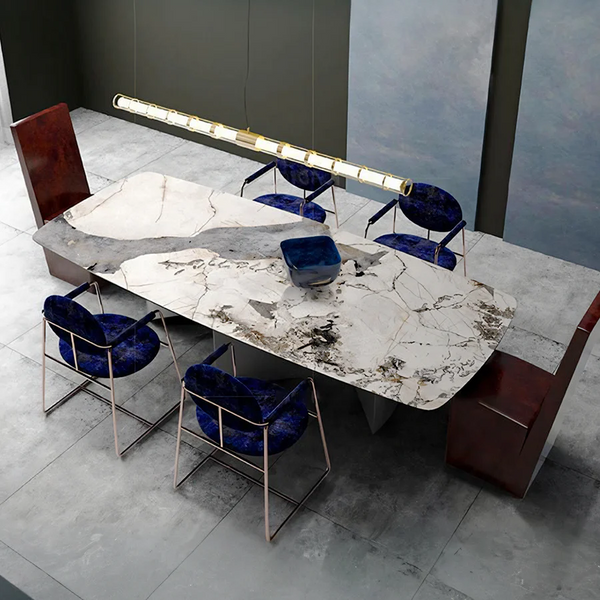 Nala Large Dining Table with Black Legs | Sintered Stone Marble Effect Top | Modern Contemporary Dining Table for 6–8 Seats | Steel Frame Dining Table