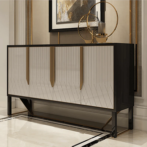 S912 Modern Sideboard Cabinet – Khaki & Gold Contemporary Storage Unit with MDF & Metal Frame, Stylish Living Room Buffet Sideboard - My Store