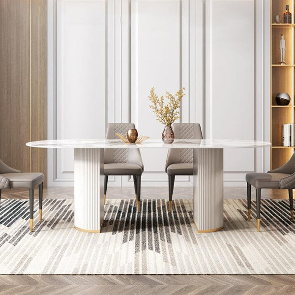 Costanza Sintered Stone Dining Table White Oval Modern Dining Table with MDF Base Contemporary 6 Seater Dining Table for Kitchen & Dining Room