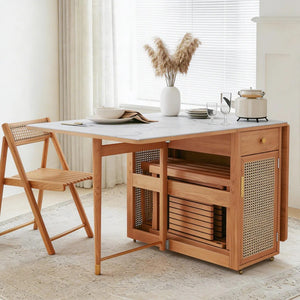 Nydia Foldable Dining Table Set with Storage – Solid Wood Extendable Kitchen Dining Set with Rattan Detail, Space-Saving Folding Dining Table and Chairs for Modern Homes
