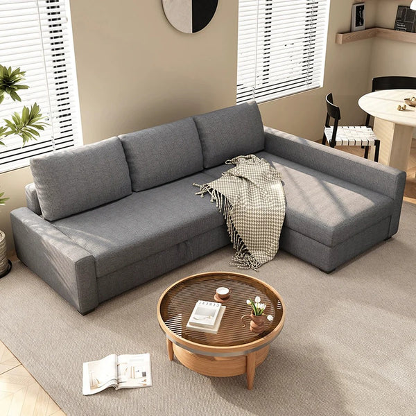 Edwards Three Seater Corner Sofa Bed with Storage, Linen Upholstered Pull-Out Sofa Bed with Chaise, Grey Corner Sleeper Sofa for Living Room or Guest Room
