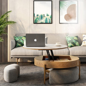 Josiah Round Lift-Top Coffee Table with Storage – Modern Sintered Stone Top Coffee Table in Black & Walnut Finish, Steel Frame Living Room Center Table