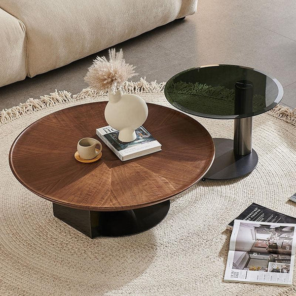 Ian Round Coffee Table Set – Solid Wood, Glass Top Living Room Nesting Tables with Metal Frame, Contemporary Modern Center Table Set, Dark Oak & Black Finish