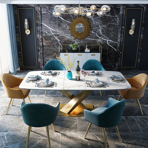 LUCI Marble Dining Table with Gold Metal Base, Modern White Dining Table, Luxury Contemporary Kitchen & Dining Room Table