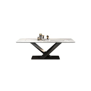 Sanders Triangle Dining Table, Sintered Stone Top Modern Dining Table with Painted Steel Legs, Marble Effect Kitchen & Dining Table, White & Black Contemporary Dining Room Table