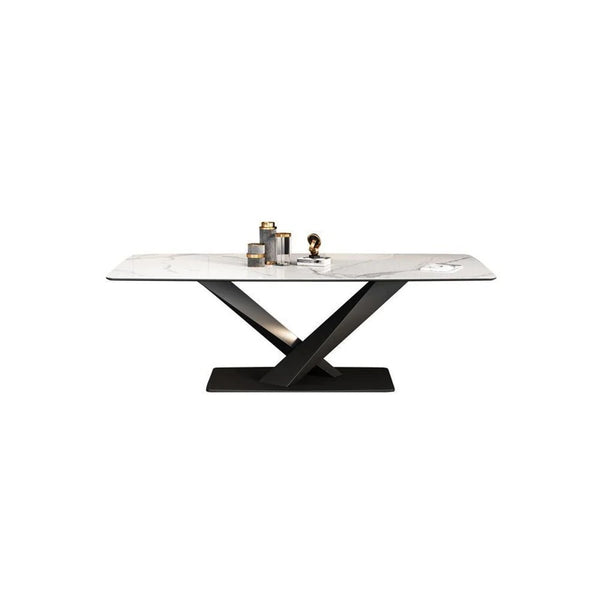Sanders Triangle Dining Table, Sintered Stone Top Modern Dining Table with Painted Steel Legs, Marble Effect Kitchen & Dining Table, White & Black Contemporary Dining Room Table