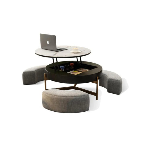 Josiah Round Lift-Top Coffee Table with Storage – Modern Sintered Stone Top Coffee Table in Black & Walnut Finish, Steel Frame Living Room Center Table