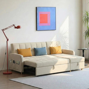 ML203 L Shape Three Seater Sofa Bed with Storage | Linen Corner Sofa Bed with Pull-Out Bed Function & Hidden Storage | Modern 3-Seater Convertible Sofa for Living Room