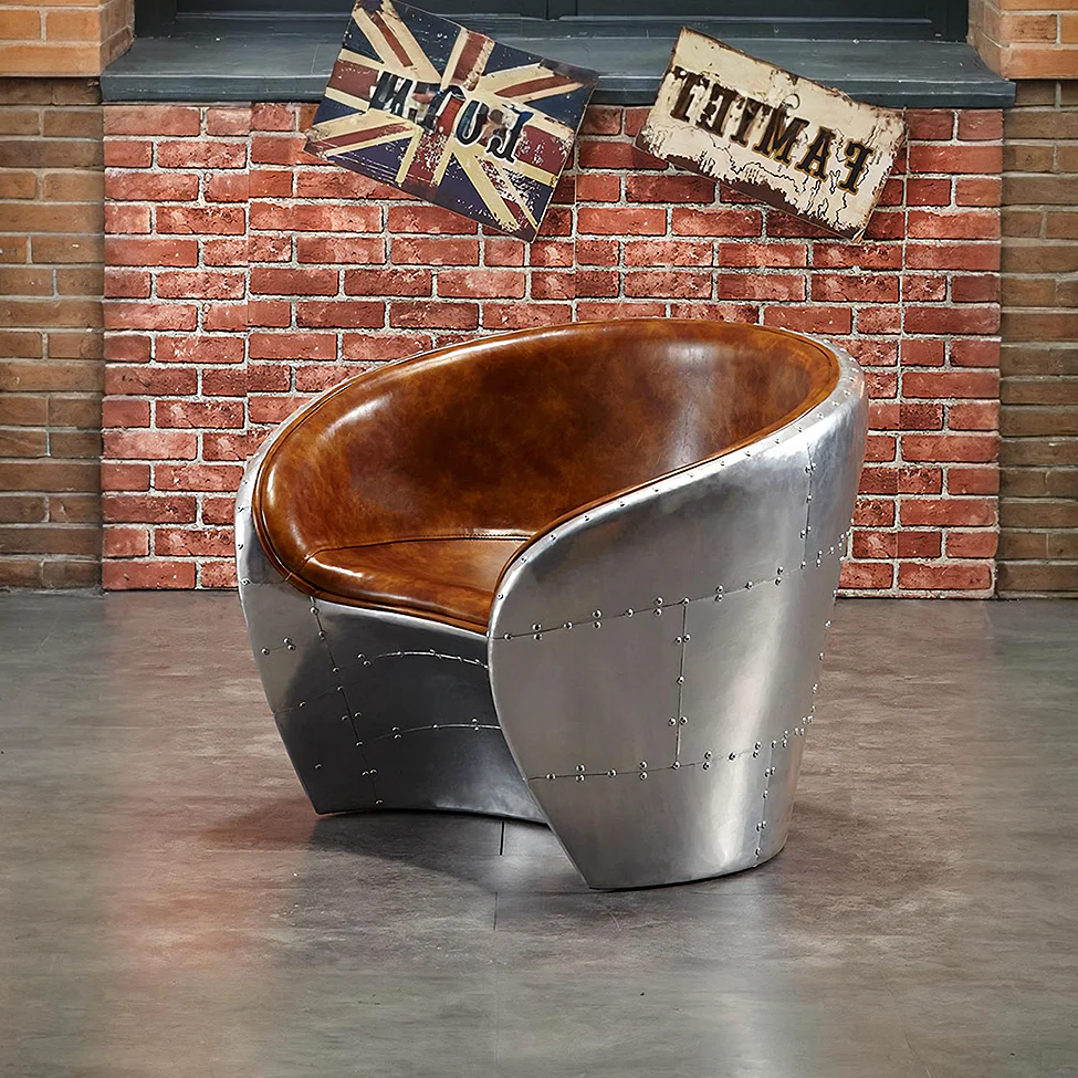 Aviator Pilot Armchair – Loft Style Vintage Industrial Accent Chair | PU Leather & Aluminum Frame Lounge Chair for Living Room, Office & Cafe Seating | Brown, Black, Blue - My Store