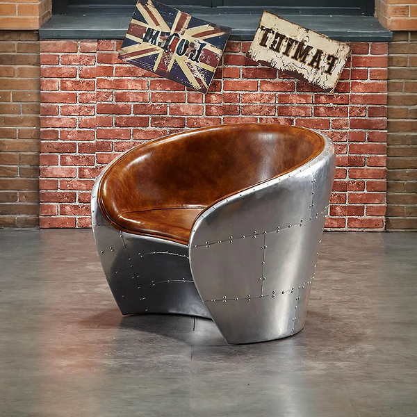 Aviator Pilot Armchair – Loft Style Vintage Industrial Accent Chair | PU Leather & Aluminum Frame Lounge Chair for Living Room, Office & Cafe Seating | Brown, Black, Blue - My Store