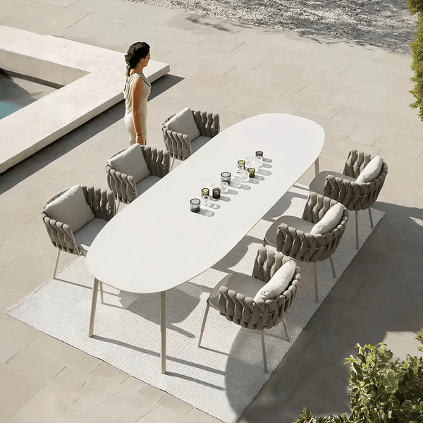 Vallee Rattan Outdoor Dining Set – 6 Seater Garden Table and Chairs with Sintered Stone Top, Modern Grey Patio Furniture Set for Outdoor Dining - My Store