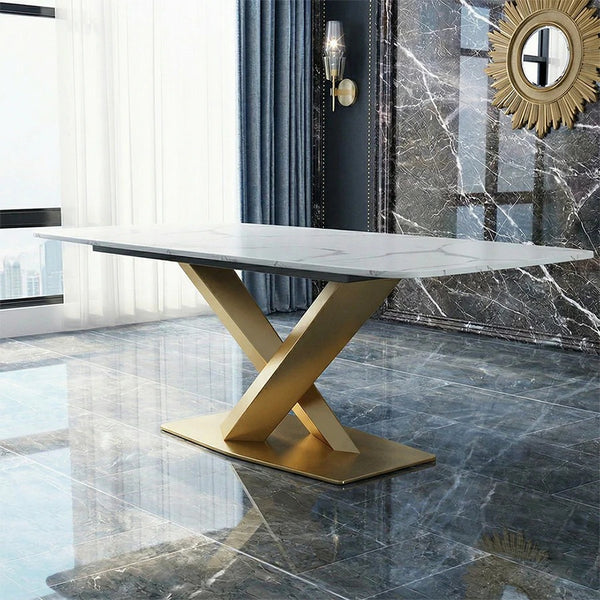 LUCI Marble Dining Table with Gold Metal Base, Modern White Dining Table, Luxury Contemporary Kitchen & Dining Room Table