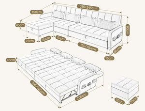 ML203 L Shape Three Seater Sofa Bed with Storage | Linen Corner Sofa Bed with Pull-Out Bed Function & Hidden Storage | Modern 3-Seater Convertible Sofa for Living Room