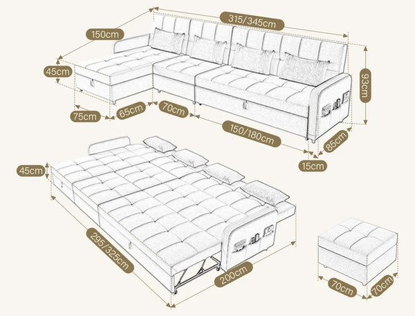 ML203 L Shape Three Seater Sofa Bed with Storage | Linen Corner Sofa Bed with Pull-Out Bed Function & Hidden Storage | Modern 3-Seater Convertible Sofa for Living Room