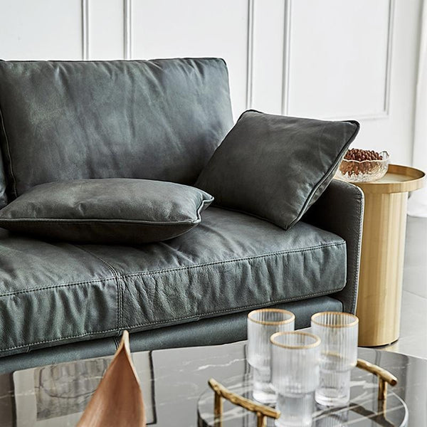 Luna 3-Seater Real Leather Sofa (208 cm)– Modern Contemporary Corner Style Couch with High Density Foam & Steel Frame – Comfortable Living Room Seating (Green, Brown, Grey) - My Store