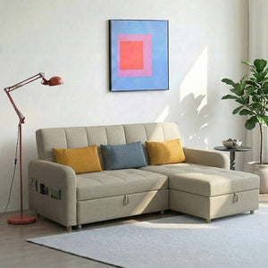ML203 L Shape Three Seater Sofa Bed with Storage | Linen Corner Sofa Bed with Pull-Out Bed Function & Hidden Storage | Modern 3-Seater Convertible Sofa for Living Room