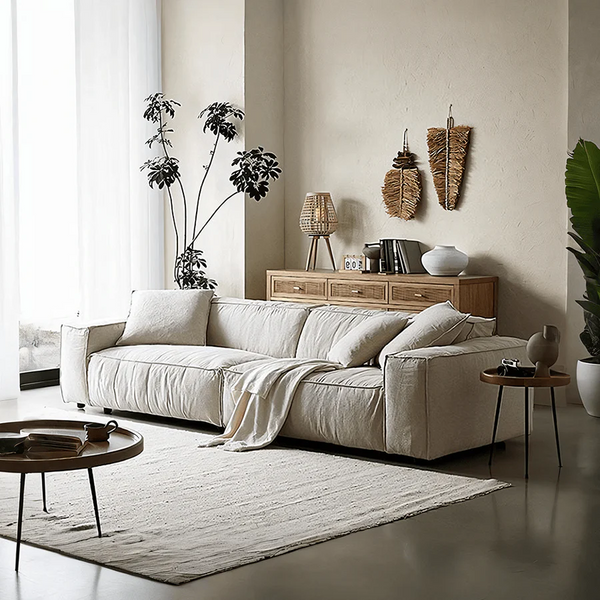 Jerome 3 Seater Modular Sofa in Cotton Linen Fabric – Contemporary Modern Upholstered Living Room Couch, Off White - My Store