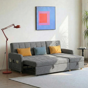 ML203 L Shape Three Seater Sofa Bed with Storage | Linen Corner Sofa Bed with Pull-Out Bed Function & Hidden Storage | Modern 3-Seater Convertible Sofa for Living Room