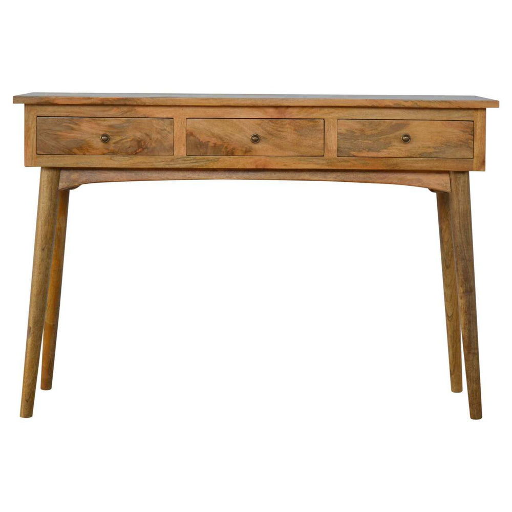 Large 3 drawer console table made of solid mango wood with a Nordic design and pewter-finished round knob handles.