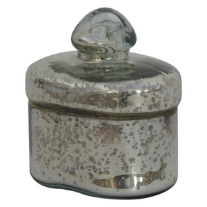 Small vintage styled silver glass jar with decorative metal lid and battered effect