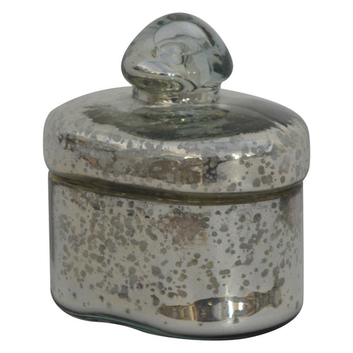 Small vintage styled silver glass jar with decorative metal lid and battered effect