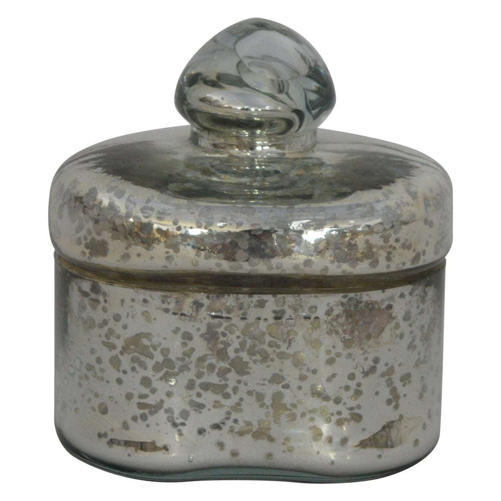 Small vintage styled silver glass jar with decorative metal lid and battered effect