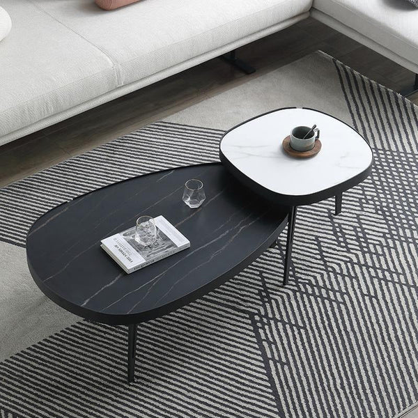 Inca Nesting Coffee Table Set | Sintered Stone Top with Painted Steel Frame | Modern Round Living Room Tables (Black & White) - Sleek Furniture