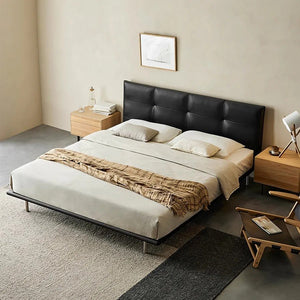 Ines Floating Bed – King / Super King Size Luxury Bed Frame in Real Leather, Modern Contemporary Design, Black Upholstered Platform Bed with Wooden & Steel Structure - Sleek Furniture