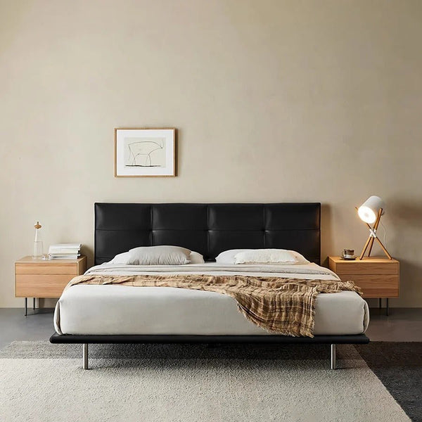 Ines Floating Bed – King / Super King Size Luxury Bed Frame in Real Leather, Modern Contemporary Design, Black Upholstered Platform Bed with Wooden & Steel Structure - Sleek Furniture