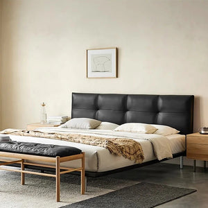 Ines Floating Bed – King / Super King Size Luxury Bed Frame in Real Leather, Modern Contemporary Design, Black Upholstered Platform Bed with Wooden & Steel Structure - Sleek Furniture