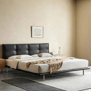 Ines Floating Bed – King / Super King Size Luxury Bed Frame in Real Leather, Modern Contemporary Design, Black Upholstered Platform Bed with Wooden & Steel Structure - Sleek Furniture
