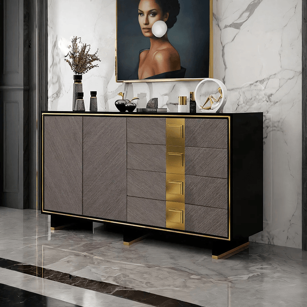 IS82 Large Sideboard Cabinet Grey & Gold Modern Storage Unit with Doors & Shelves - Sleek Furniture