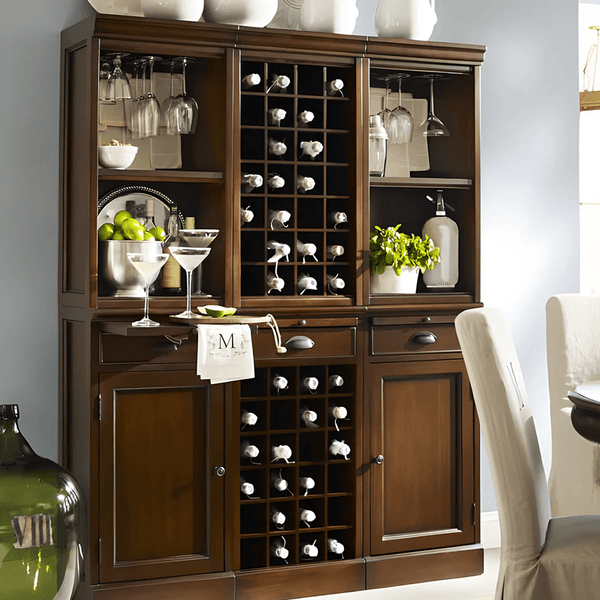 Ivanna Wooden Wine Cabinet with Wine Rack – Modern Kitchen Sideboard with Glass Storage, Walnut & Black Finish MDF Wine Cabinet with Stainless Steel Frame - Sleek Furniture