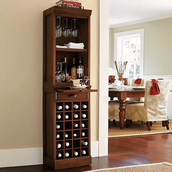 Ivanna Wooden Wine Cabinet with Wine Rack – Modern Kitchen Sideboard with Glass Storage, Walnut & Black Finish MDF Wine Cabinet with Stainless Steel Frame - Sleek Furniture