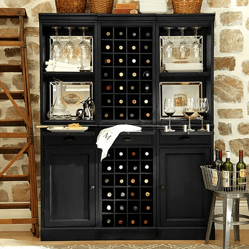 Ivanna Wooden Wine Cabinet with Wine Rack – Modern Kitchen Sideboard with Glass Storage, Walnut & Black Finish MDF Wine Cabinet with Stainless Steel Frame - Sleek Furniture