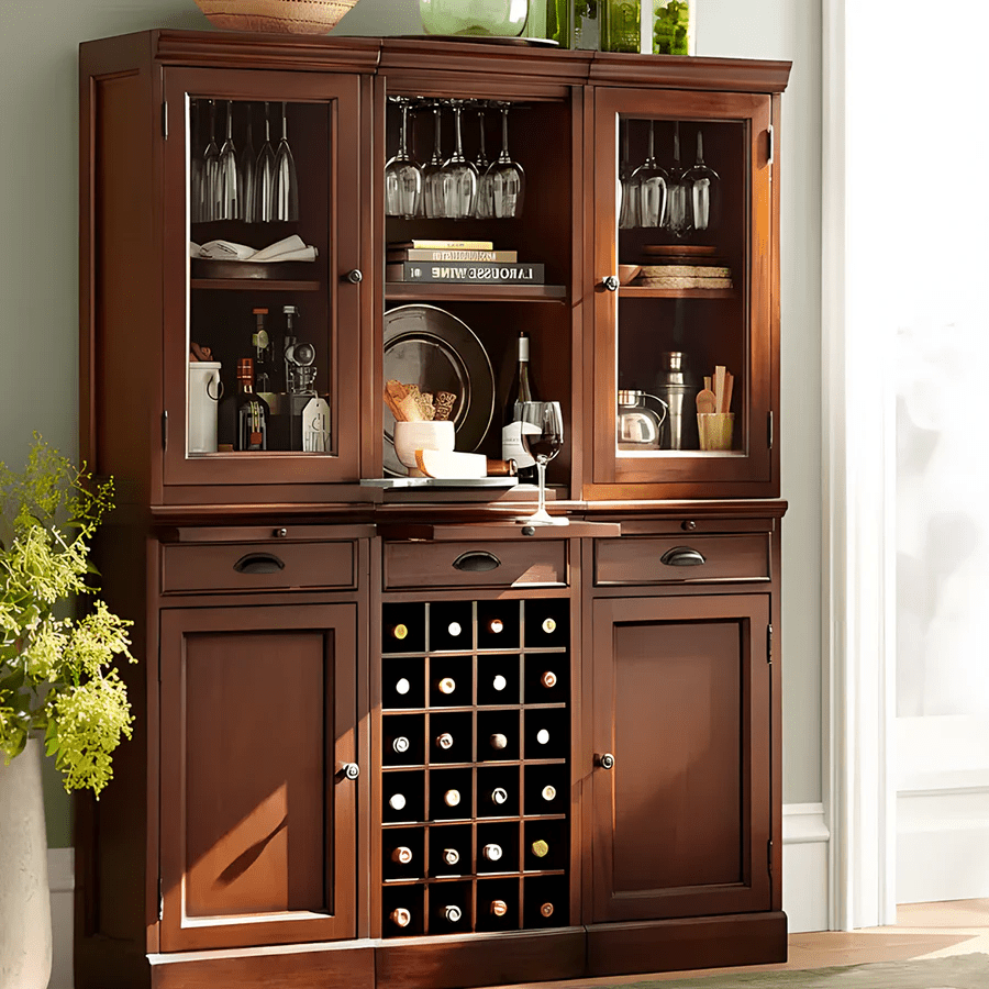 Ivanna Wooden Wine Cabinet with Wine Rack – Modern Kitchen Sideboard with Glass Storage, Walnut & Black Finish MDF Wine Cabinet with Stainless Steel Frame - Sleek Furniture