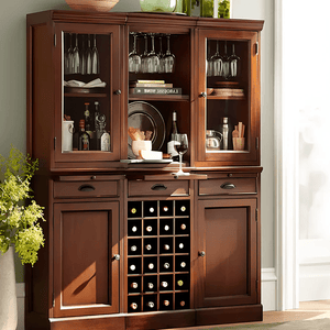 Ivanna Wooden Wine Cabinet with Wine Rack – Modern Kitchen Sideboard with Glass Storage, Walnut & Black Finish MDF Wine Cabinet with Stainless Steel Frame - Sleek Furniture