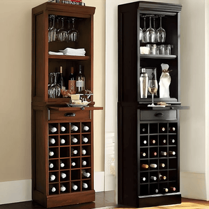 Ivanna Wooden Wine Cabinet with Wine Rack – Modern Kitchen Sideboard with Glass Storage, Walnut & Black Finish MDF Wine Cabinet with Stainless Steel Frame - Sleek Furniture