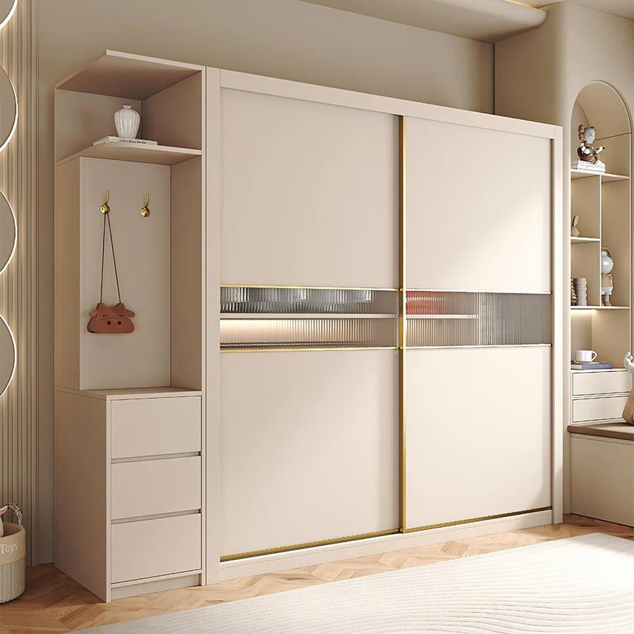 Jansen Sliding Door Wardrobe in Cream Finish – Modern MDF Storage Closet with Space - Saving Sliding Doors for Bedroom Organization - Sleek Furniture