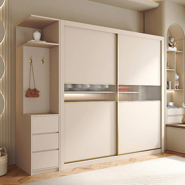 Jansen Sliding Door Wardrobe in Cream Finish – Modern MDF Storage Closet with Space - Saving Sliding Doors for Bedroom Organization - Sleek Furniture