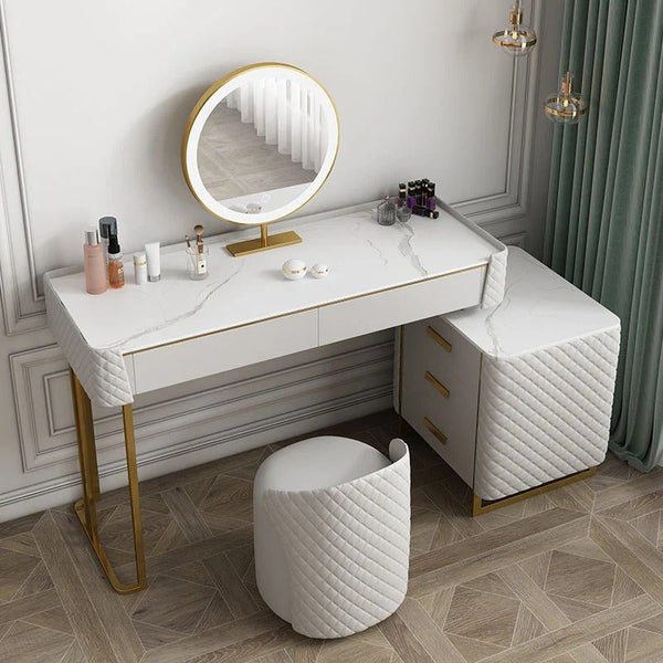 Joshua Dressing Table, Creamy White – Modern MDF, Sintered Stone & Painted Steel Vanity Table with Sleek Contemporary Design - Sleek Furniture