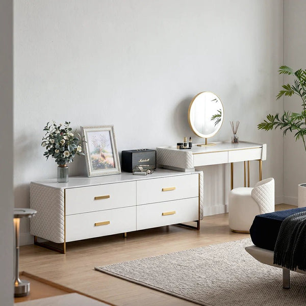 Joshua Dressing Table, Creamy White – Modern MDF, Sintered Stone & Painted Steel Vanity Table with Sleek Contemporary Design - Sleek Furniture