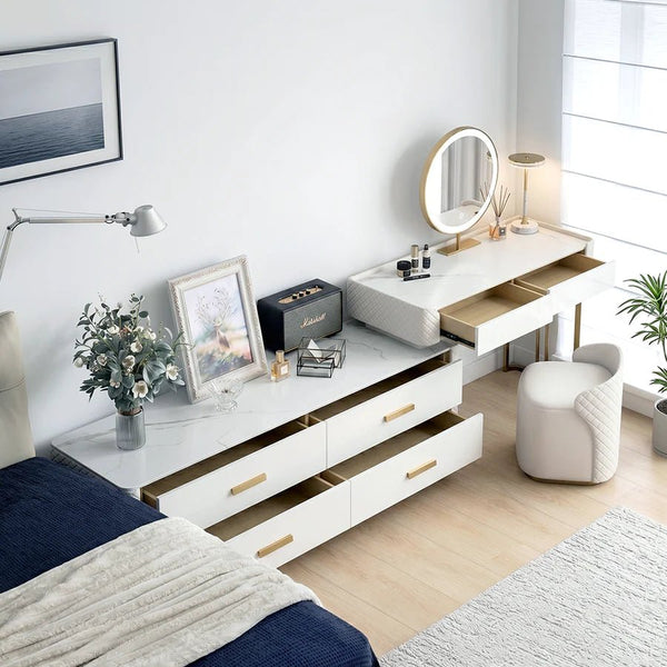 Joshua Dressing Table, Creamy White – Modern MDF, Sintered Stone & Painted Steel Vanity Table with Sleek Contemporary Design - Sleek Furniture