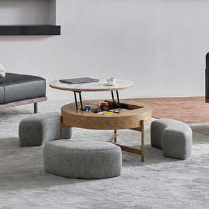 Josiah Round Lift-Top Coffee Table with Storage – Modern Sintered Stone Top Coffee Table in Black & Walnut Finish, Steel Frame Living Room Center Table - Sleek Furniture