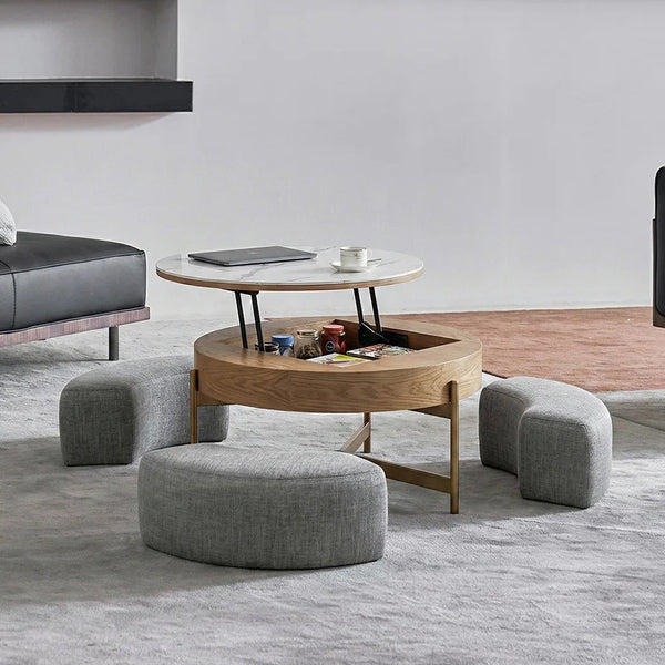 Josiah Round Lift-Top Coffee Table with Storage – Modern Sintered Stone Top Coffee Table in Black & Walnut Finish, Steel Frame Living Room Center Table - Sleek Furniture