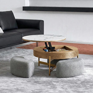 Josiah Round Lift-Top Coffee Table with Storage – Modern Sintered Stone Top Coffee Table in Black & Walnut Finish, Steel Frame Living Room Center Table - Sleek Furniture
