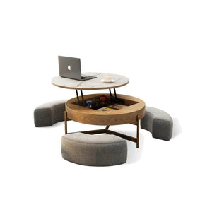 Josiah Round Lift-Top Coffee Table with Storage – Modern Sintered Stone Top Coffee Table in Black & Walnut Finish, Steel Frame Living Room Center Table - Sleek Furniture